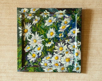 Daisies Painting Original Floral Artwork, Framed Wall Art 9x9"