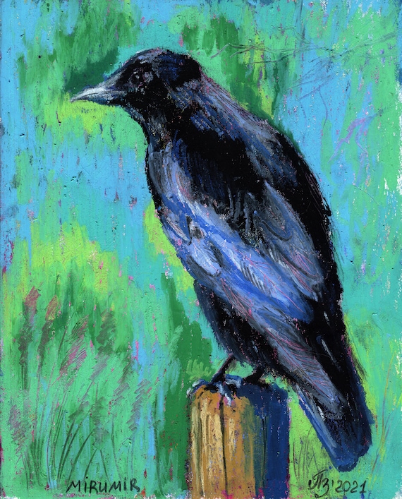 Raven Oil Pastel Painting Black Bird Wall Art 8