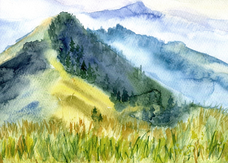 Mountain Painting Original Watercolor Landscape, Art Smoky Mountains