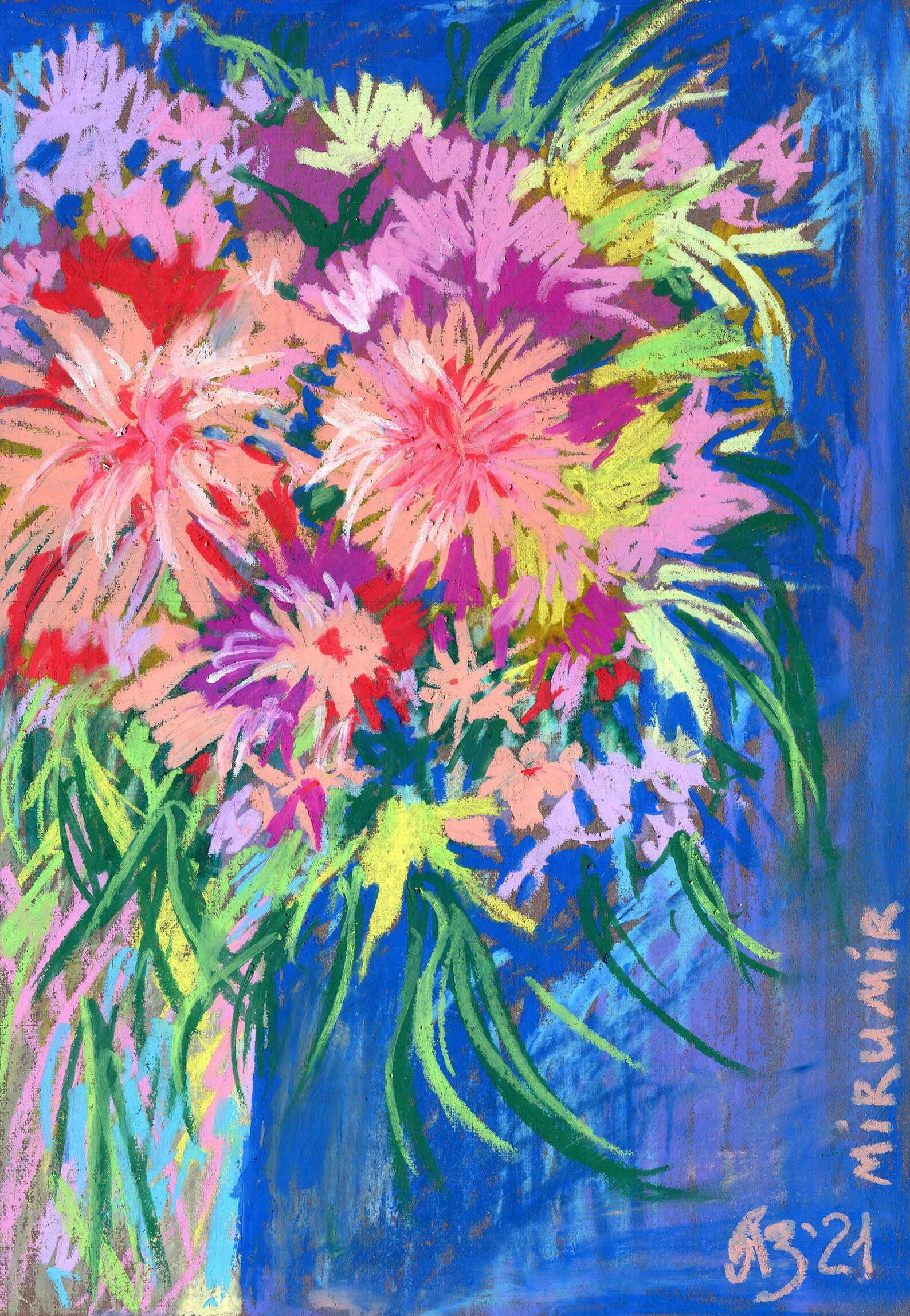 Abstract Flowers Painting Bouquet Wall Art Oil Pastel Art Floral Artwork 15 by 10.4 Inches by