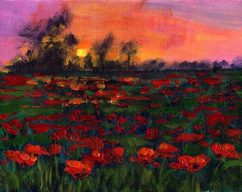 Peinture champ de coquelicots | Peinture acrylique paysage coucher de soleil | Art mural coquelicots rouges