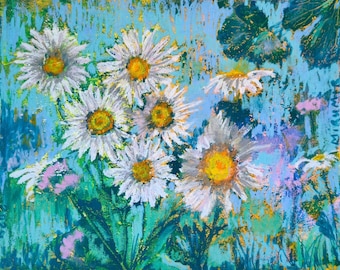 Daises Oil Pastel Painting | Beatiful White Flowers Artwork | Floral Wall Art