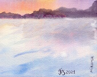 湖の夕日のアートワーク | 水彩風景画 | 空の鳥の壁飾り 9x12 インチ