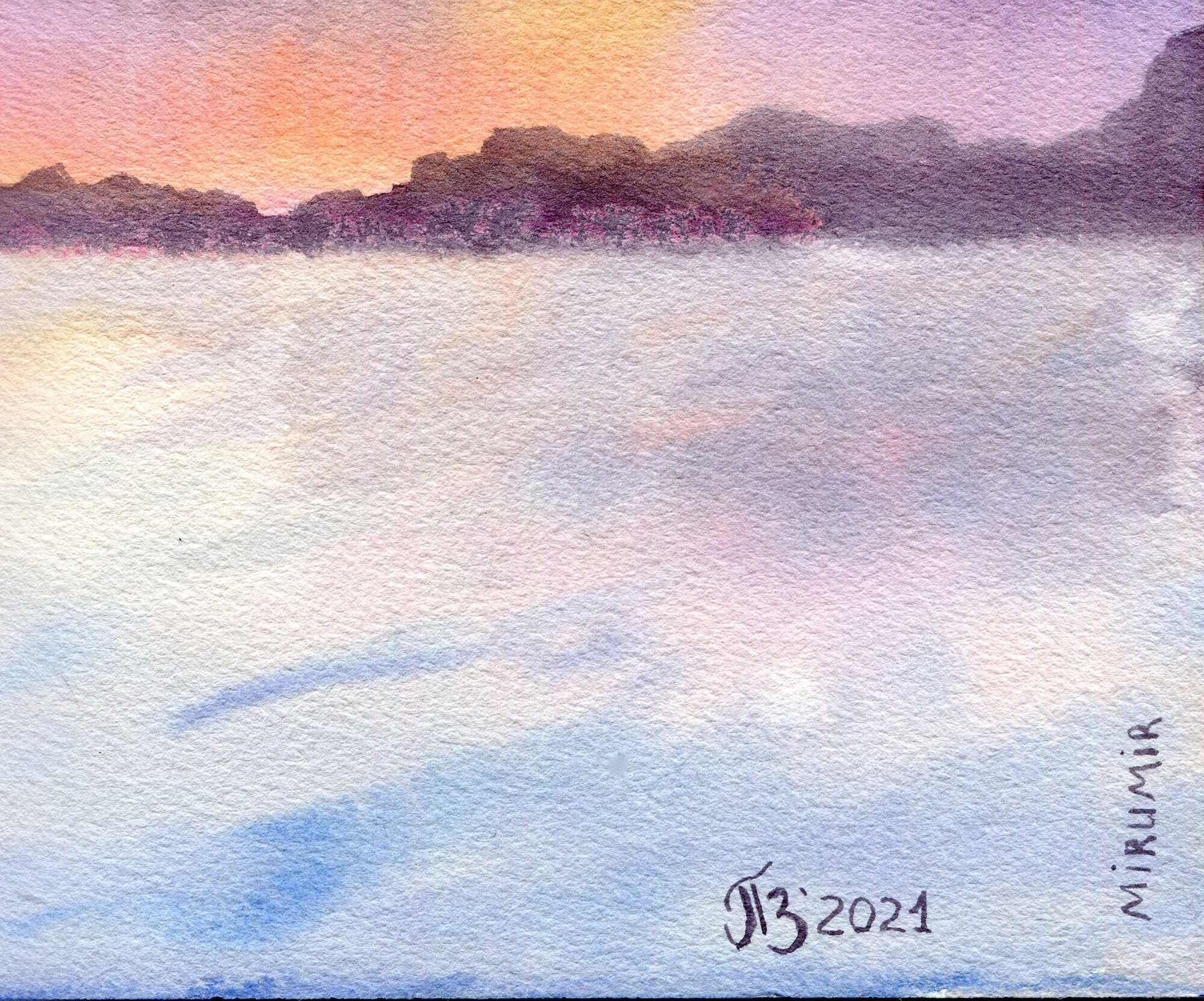 湖の夕日のアートワーク | 水彩風景画 | 空の鳥の壁飾り 9x12 インチ