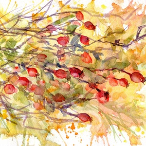 Abstract Red Berries Watercolor Painting Rosehip Berry Artwork Original Watercolor by Zoya Mirumir
