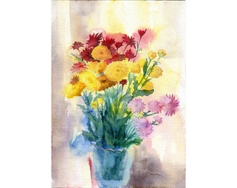 Original Floral Watercolor Painting, Bouquet Still Life Art
