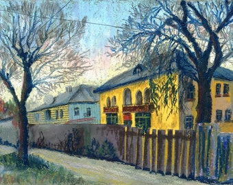 Old Town Street Painting: Original Oil Pastel Art, 15x10.6"