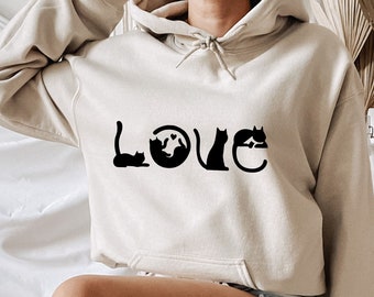 Love Cat Hoodie, Katzenliebhaber Hoodie, Geschenk für Katzenliebhaber, Geschenk für Katzenmama, Lustiges Katzen Hoodie, Katzen mama Hoodie, Tierliebhaber Hoodie