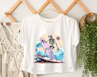 Surfer Skeleton Crop Top, Surfboard Lover Crop Top, Adventure Crop Top, Skeleton Crop Top, Halloween Surfer Crop Top, Spooky Surfer Crop