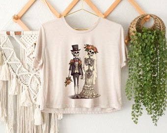 Bride And Groom Skeletons Crop Top, Skeleton Wedding Crop Top, Halloween Party Crop Top, Halloween Fall Crop Top, Witches Girl Crop Top