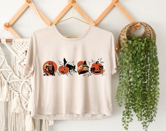 Halloween Crop Top, Halloween Pumpkin Gift, Witch Crop Top, Welcome Halloween Crop Top, Black Cat Crop Top, Halloween Work Crop Top
