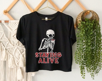 Staying Alive Crop Top, Spooky Skeleton, Skeleton Crop Top, Halloween Pumpkin Crop Top, Halloween Costume Crop Top, Halloween Party Crop