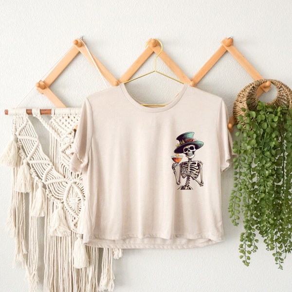 Skeleton Drinking Cocktail Crop Top, Halloween Drink Crop Top, Boo Crop Top, Cocktail Lover Crop Top, Halloween Work Crop Top, Halloween