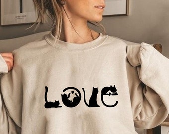 Love Cat Sweatshirt, Cat Lover Sweatshirt, Regalo para amantes de los gatos, Regalo para Cat Mom, Funny Cat Sweatshirt, Cat Mom Sweatshirt, Animal Lover
