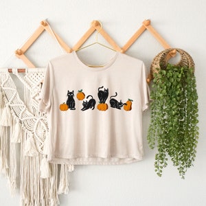 Black Cat Crop Top, Cats With Pumpkins Crop Top, Pumpkin Crop Top, Spooky Cat Crop Top, Happy Halloween Crop Top, Halloween Crop Top