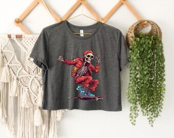 Skeleton Skater Crop Top, Skateboard Lover Gift, Skating Crop Top, Halloween Pumpkin Crop Top, Spooky Skater Skeleton Crop Top, Skater Boy