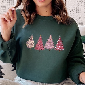 Woman Christmas Tree Sweatshirt, Christmas Pink Tree Sweatshirt, Merry and Bright Sweatshirt, Christmas Girl Sweatshirt, Christmas Heart