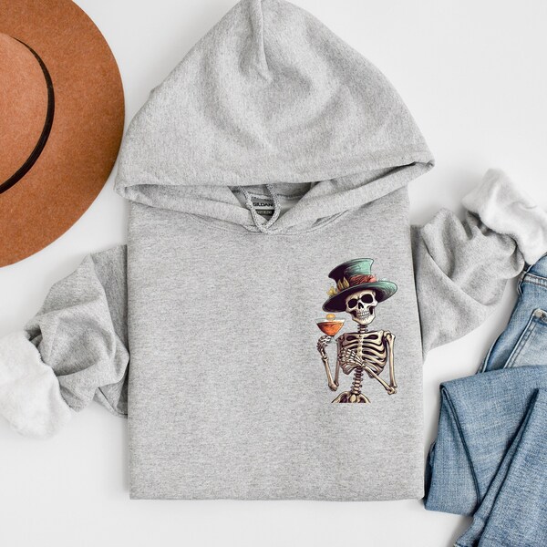 Skeleton Drinking Cocktail Hoodie, Halloween Drink Hoodie, Boo Hoodie, Cocktail Lover Hoodie, Halloween Work Hoodie, Halloween Costume