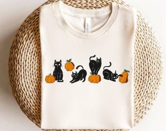 Camisa de gato negro, camisa de gatos con calabazas, camisa de calabaza, camisa de gato espeluznante, camisa de feliz Halloween, camisa de Halloween, camisa de fiesta de Halloween