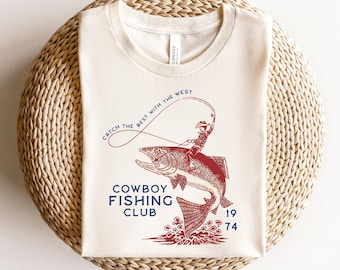 Cowboy Fishing Club T-Shirt, Western Fisherman Tee, Rodeo Cowboy Riding Fish Shirt, Vintage Fishing Tee, Angler Gift, Western Outdoors Shirt