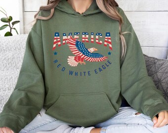 America Hoodie, Red White Blue Eagle Hoodie, 4th of July Pullover, Patriotic USA Graphic, Independence Freedom Hoodie