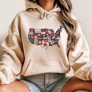 USA Karte Hoodie, Patchwork Amerika Hoodie, 4. Juli Grafik Pullover, Rot, Weiß, Blau Staaten Design, Inbezug auf die Unabhängigkeit tragen