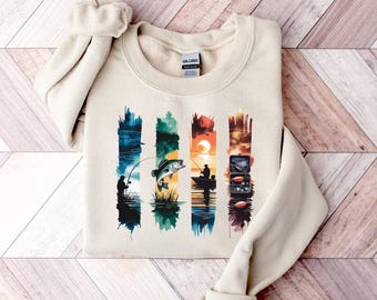 Fishing Watercolor Silhouette Sweatshirt, Bass Fish Pullover, Fisherman Sunset Sweater, Angler Gift, Fishing Art Sweatshirt, Outdoor Apparel