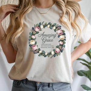 Amazing Grace Wreath Shirt with Christian Hymn Lyrics and Vintage Floral Frame, Faith Quote Bible Tee