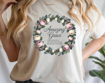 Amazing Grace-kransshirt met christelijke hymnetekst en vintage bloemenlijst, Faith Quote Bible-T-shirt