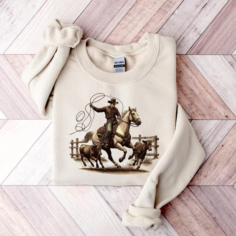 Cowboy Roping Sweatshirt, Horse Rider Graphic Pullover, Western Ranch ...