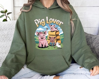 Pig Lover Hoodie, Cute Farm Animal Hoodie with Piglets, Funny Country Life Hoodie, Adorable Retro Pig Design