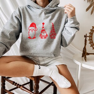 May include: Gray hooded sweatshirt with a graphic of three gnomes wearing Santa hats. The gnomes are holding gifts and the text "Believe" is printed below them.