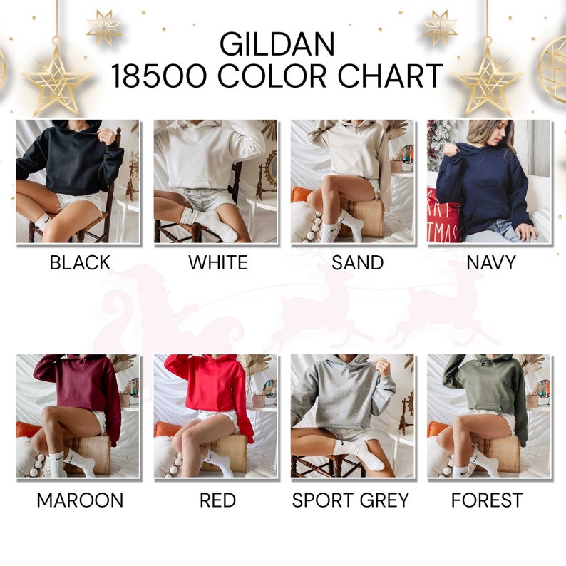 May include: Colour chart for Gildan 18500 hoodies. The chart shows 10 different colours: black, white, sand, navy, maroon, red, sport grey, forest, heather grey, and teal.
