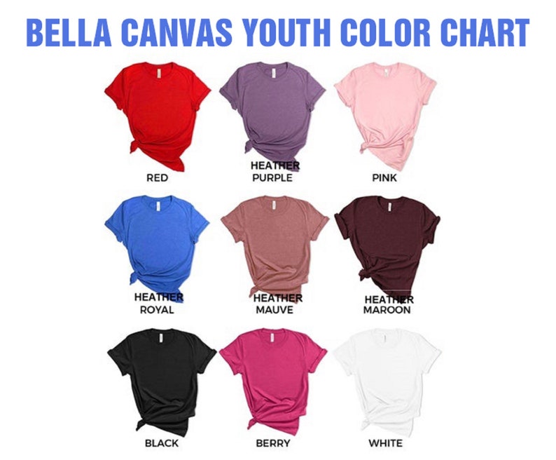 以下が含まれることがあります： Bella Canvasの子供用Tシャツの色チャートです。色は、赤、ヘザーパープル、ピンク、ヘザーロイヤル、ヘザーモーブ、ヘザーマロン、黒、ベリー、白です。
