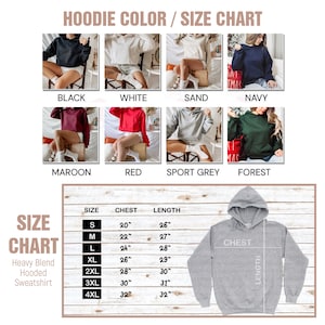 May include: Hoodie color and size chart with images of different colored hoodies. The chart shows the size, chest measurement in inches, and length in inches.