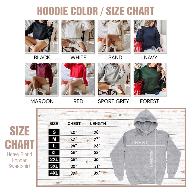 May include: Hoodie color and size chart with images of different colored hoodies. The chart shows the size, chest measurement in inches, and length in inches.