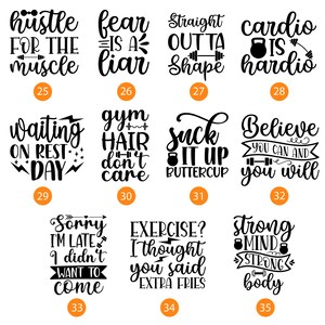 May include: A set of 10 black and white motivational fitness quotes with a number below each quote. The quotes include "hustle for the muscle", "fear is a liar", "straight outta shape", "cardio is hardio", "waiting on rest day", "gym hair don't care", "suck it up buttercup", "believe you can and you will", "sorry I'm late I didn't want to come", and "exercise? I thought you said extra fries".