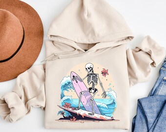 Surfer Skeleton Hoodie, Surfboard Lover Hoodie, Adventure Hoodie, Skeleton Hoodie, Halloween Surfer Hoodie, Spooky Surfer Hoodie, Fall