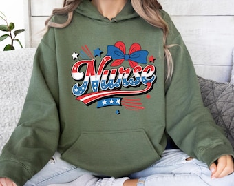 Red White Blue Nurse Hoodie, Patriotic Medical Worker Pullover Gift for 4th of July or National Holidays