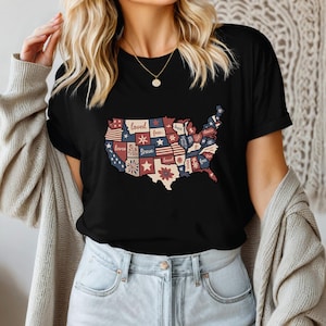 USA Karte Shirt, Patchwork Amerika Shirt, 4. Juli T-Shirt, Rot, Weiß, Blaue Staaten Grafik, Vaterländisches Shirt, Unabhängigkeitstag T-Shirt