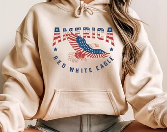 America Hoodie, Red White Blue Eagle Hoodie, 4th of July Pullover, Patriotic USA Graphic, Independence Freedom Hoodie
