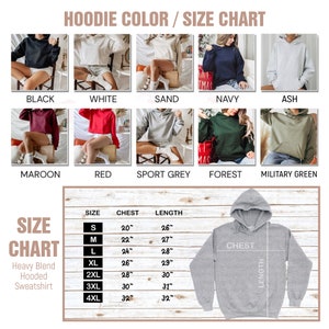 May include: Hoodie color and size chart with a variety of colors including black, white, sand, navy, ash, maroon, red, sport grey, forest, and military green. The chart also includes a size guide with chest and length measurements in inches for sizes S, M, L, XL, 2XL, 3XL, and 4XL.