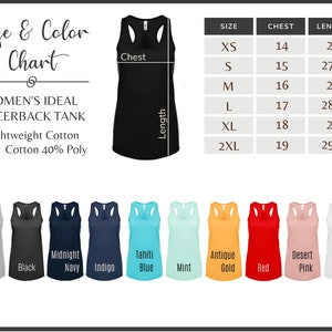 May include: Size chart for a racerback tank top in various colours. The chart shows sizes XS to 2XL with corresponding chest and length measurements in inches. The colours include athletic heather, black, midnight navy, indigo, tahiti blue, mint, antique gold, red, desert pink, and white.