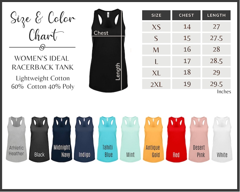 May include: Size chart for a racerback tank top in various colours. The chart shows sizes XS to 2XL with corresponding chest and length measurements in inches. The colours include athletic heather, black, midnight navy, indigo, tahiti blue, mint, antique gold, red, desert pink, and white.