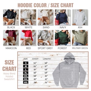 May include: Hoodie color and size chart with a variety of colors including black, white, sand, navy, ash, maroon, red, sport grey, forest, and military green. The chart also includes a size guide with chest and length measurements in inches for sizes S, M, L, XL, 2XL, 3XL, and 4XL.