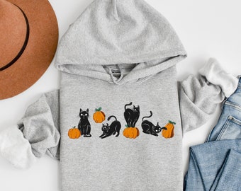 Moletom com capuz de gato preto, Moletom com capuz de gatos com abóboras, Moletom com capuz de abóbora, Moletom com capuz de gato assustador, Moletom com capuz de feliz Halloween, Moletom com capuz de Halloween, Festa de Halloween