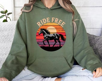 Ride Free Horse Hoodie, Western Sunset Mustang Hoodie, Retro Freedom Horse Lover Hoodie, Wild Spirit Design