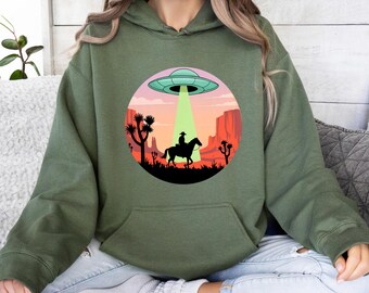 Cowboy UFO Abduction Hoodie, Western Alien Graphic Pullover, Funny Sci-Fi Desert Design