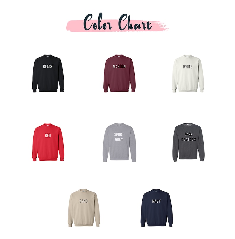 Puede incluir: Carta de colores que muestra diferentes colores de sudaderas, incluyendo negro, granate, blanco, rojo, gris deportivo, gris oscuro jaspeado, arena y azul marino.