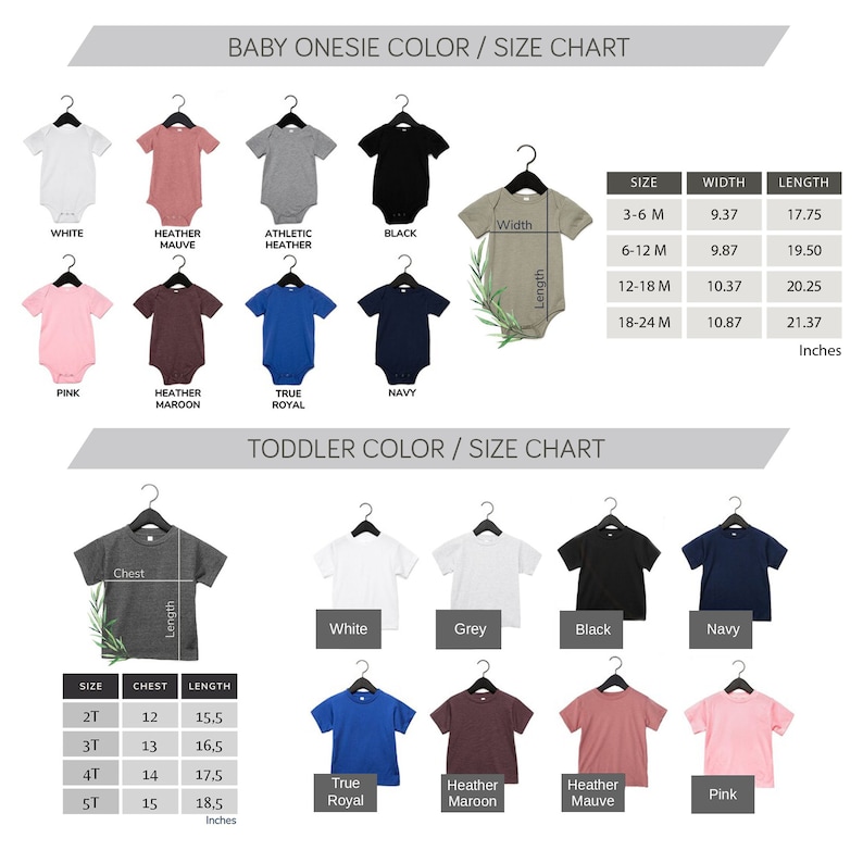 May include: A size chart for baby onesies and toddler shirts. The chart shows the different sizes and colors available, as well as the corresponding width and length measurements in inches. The colors include white, heather mauve, athletic heather, black, pink, heather maroon, true royal, navy, grey, and pink.
